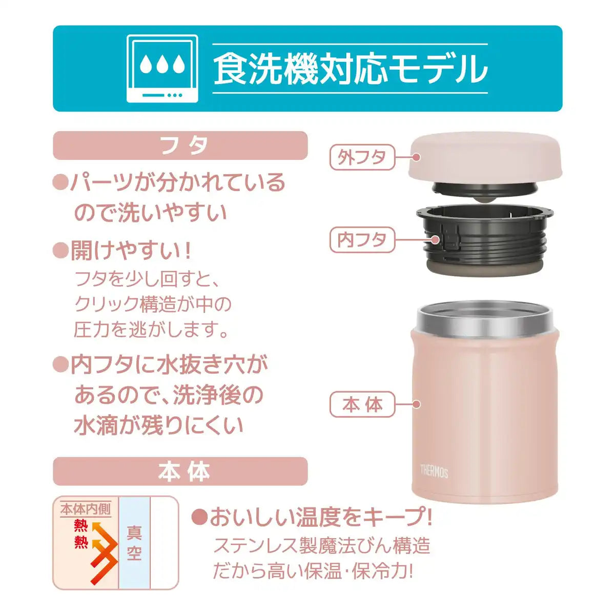 Thermos Beige Pink Vacuum Insulated Soup Jar 400ml Dishwasher-Safe Warm/Cold Jeb-400 Bep