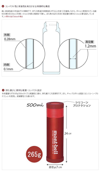 Mont-Bell 0.5L Alpine Thermo Bottle Red Japan 1124617